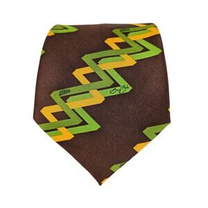 MACY'S x BARRY ZITO NECK TIE – 4" BROWN WITH GREEN AND YELLOW ZIG ZAG DESIGN